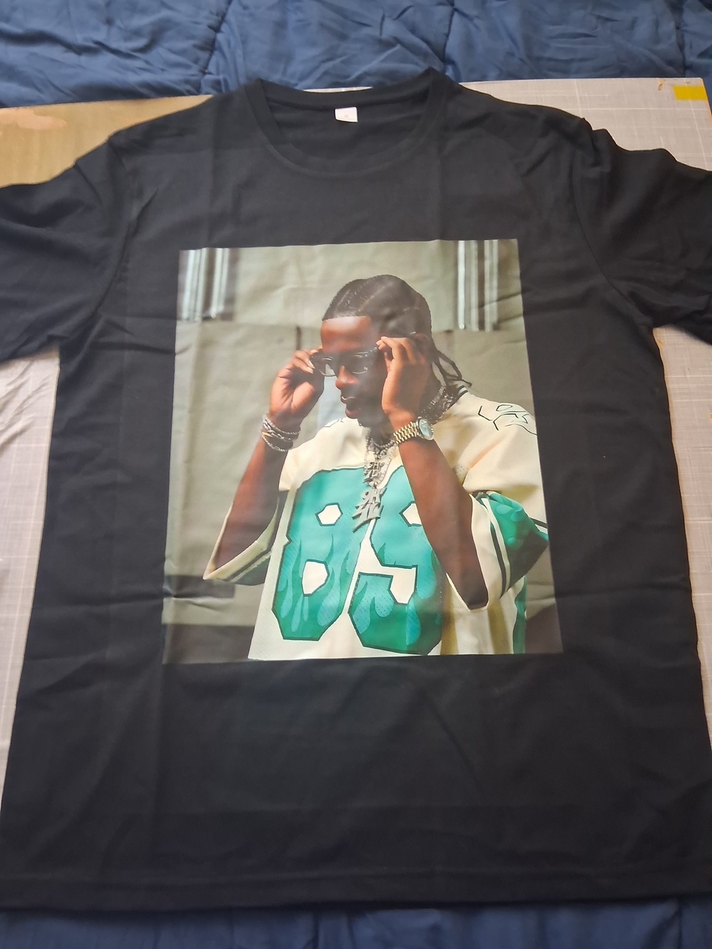 Rich Homie Quan Graphic T-Shirt with Teal and Cream Print Size S-XL